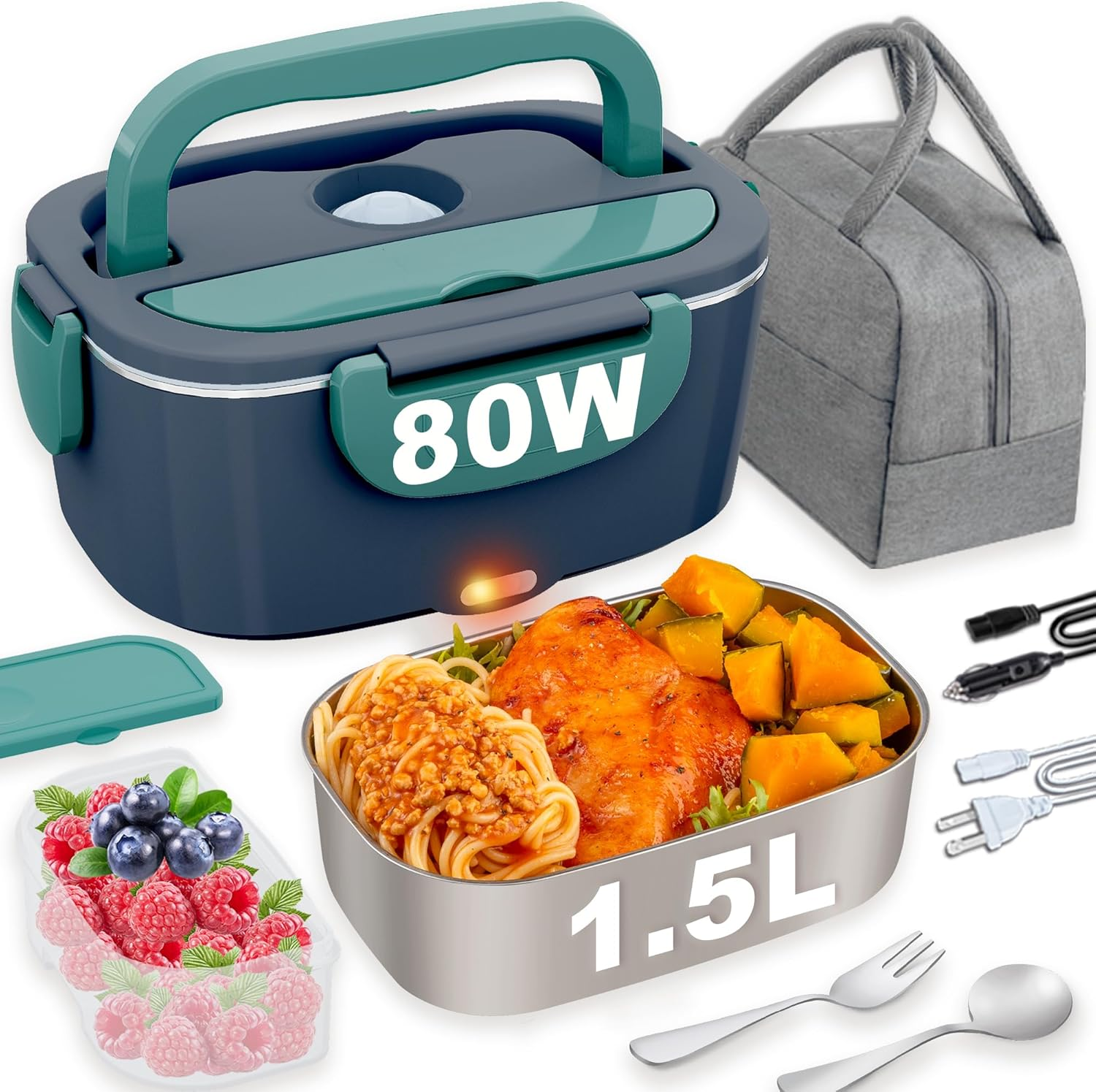 Electric Lunch Box Food Heater 80W Heated Lunch Boxes for Men 1.5L Electric Lunch Box for Adults Portable 12/24/110V Heating Lunchbox for Work/Car/Truck with Insulated Bag(1.5L-Blue)
