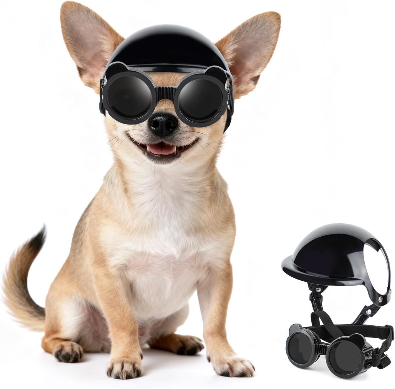 Extra Small Dog Goggles and Xsmall Dog Helmet, 2Pcs Anti-Uv Doggy Sunglasses Cat Motorcycle Protecetive Helmet Set, Chihuahua Safety Hard Hat Outdoor Head & Eyes Protection, Black XS