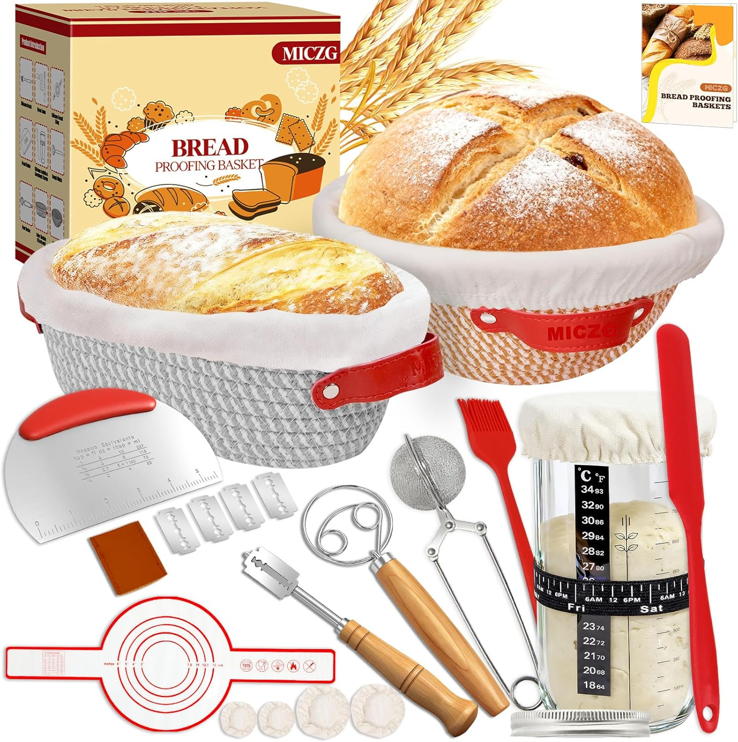 Sourdough Starter Kit, 9 Inch round & 10 Inch Oval Banneton Bread Proofing Basket Set, 18 PCS Complete Sourdough Baking Supplies for Bread Making, Foldable Proofing Baskets,Gift for Bakers Women