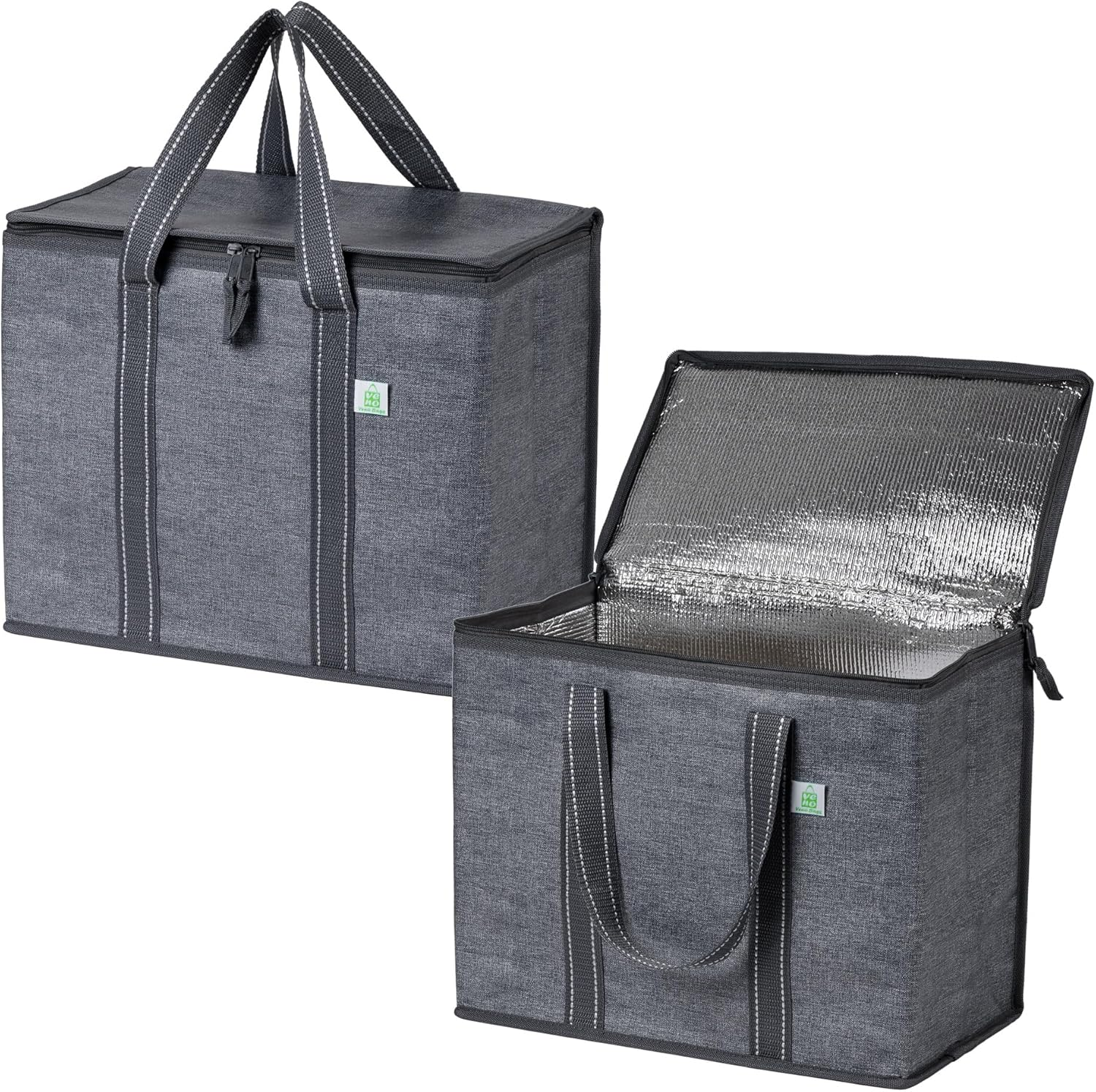 2 Pack Cooler Bag and Insulated Grocery Bags for Food Delivery, Collapsible Cooler. Reusable Shopping Bags for Groceries with Hard Bottom, Zippered Top, Foldable, Heavy-Duty (Gray, 2 Pack)