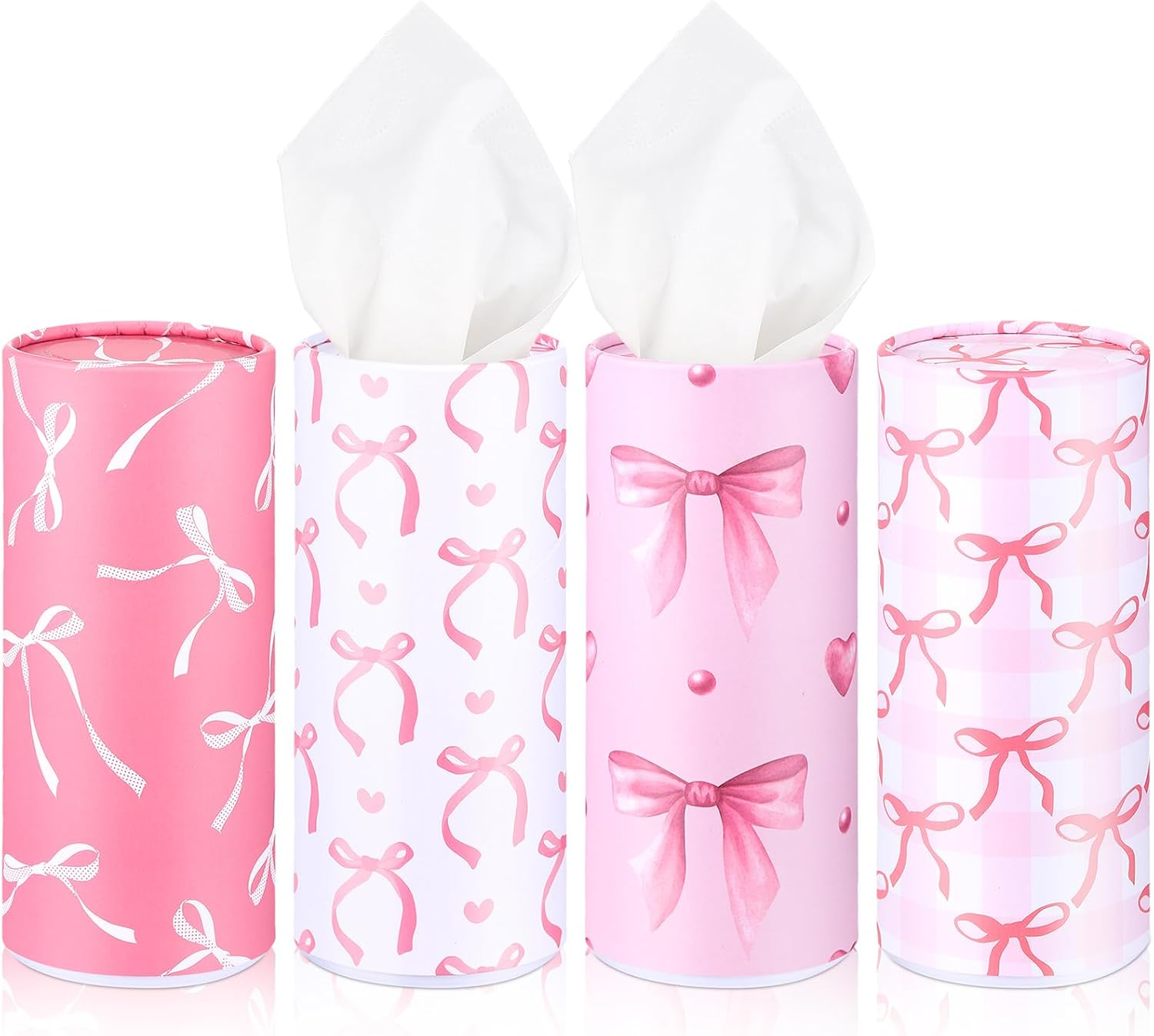4 Pack Car Tissue Holder with Facial Tissues Travel Tissue Tubes Box round Cylinder Container for Car Cup Holder Home Bathroom Office Wedding Gifts Decor(Pink Bow)