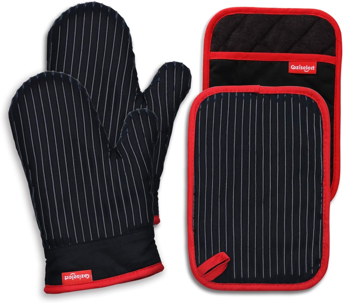 Oven Mitts and Pot Holders Set, Cooking Mitts, Heat Resistant Cooking Mitts and Pot Holders, Silicon Oven Gloves Set for Kitchen, Pure Cotton and Terrycloth Lining, Black, 4 Pcs Set