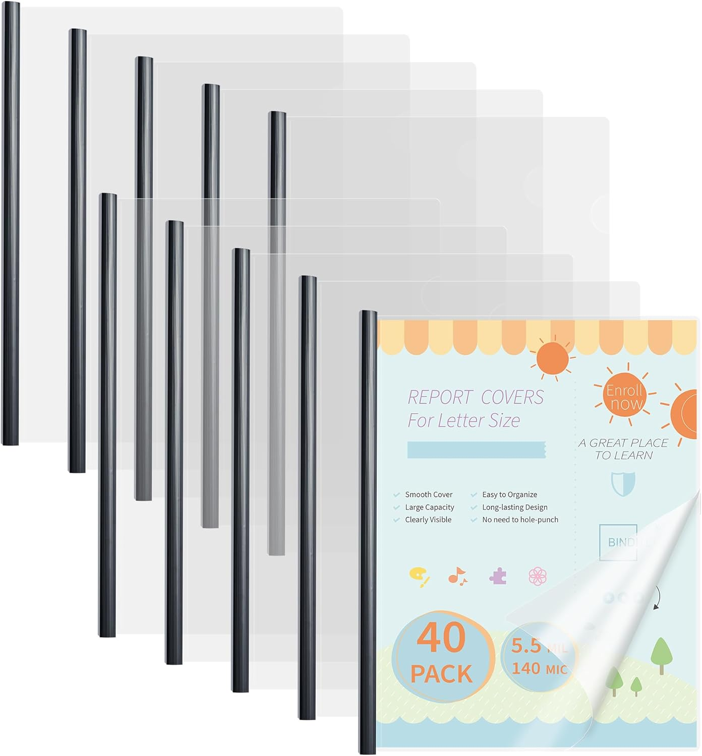40 Pack Clear Report Covers with Black Sliding Bars, 70 Sheet Capacity, 9Mm Binding Bars, Letter Size, 5.5 Mil Thick, Black, for Students and Coworkers