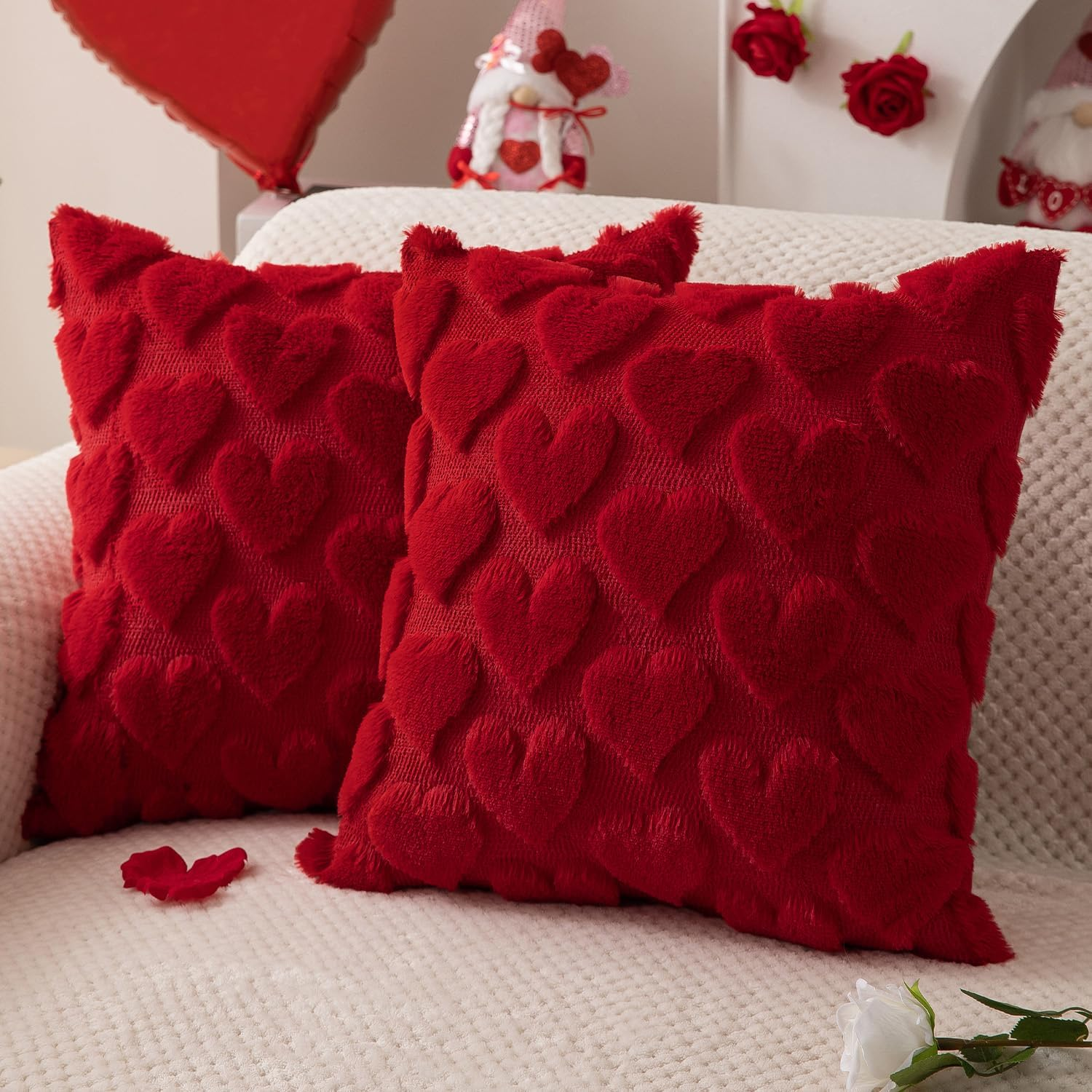 Set of 2 Valentine’s Day Pillow Covers 18x18 – Red Heart Faux Fur Throw for Sofa or Bed