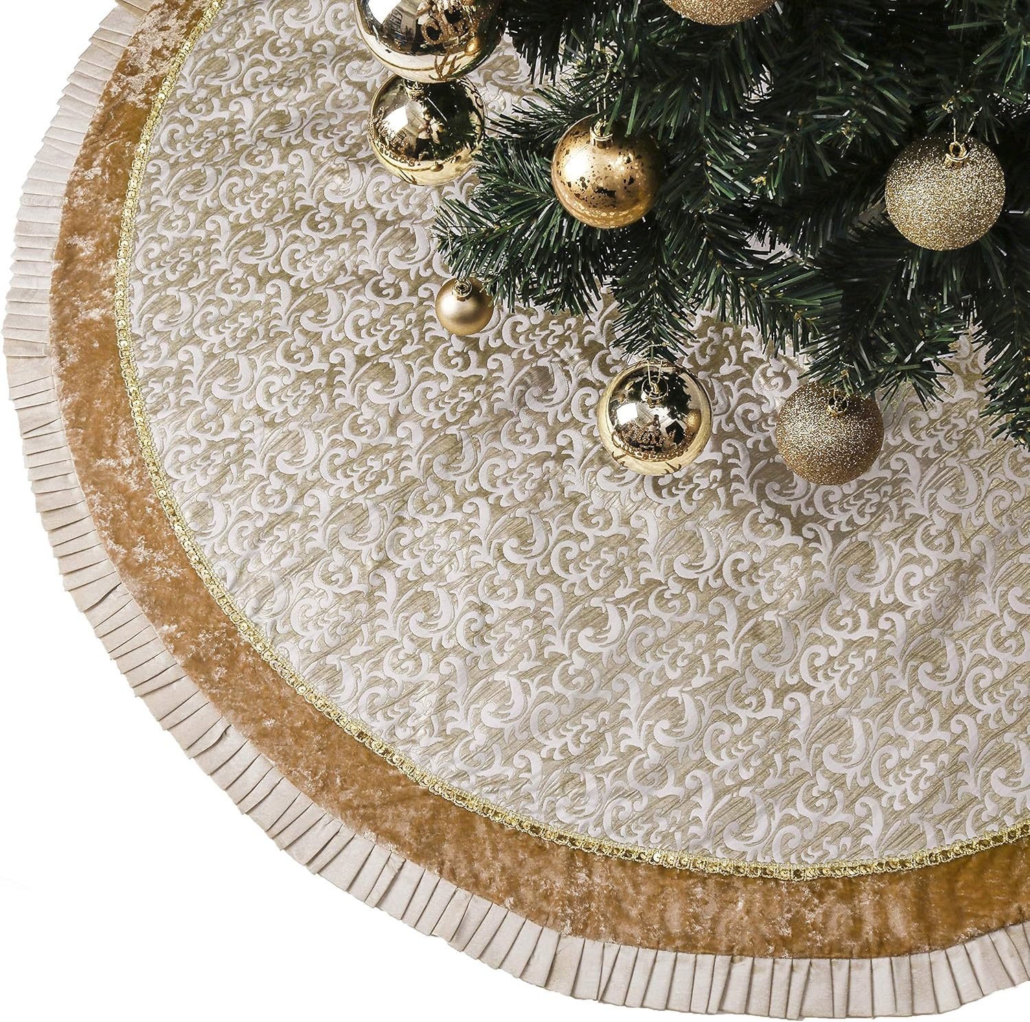 Christmas Tree Skirt for Tree Decorations, 60 Inch Fabric White Gold Small Xmas Velvet Tree Skirt with Embroidery Baroque Pattern & Pleated Border for Tree Merry Christmas Party Decor