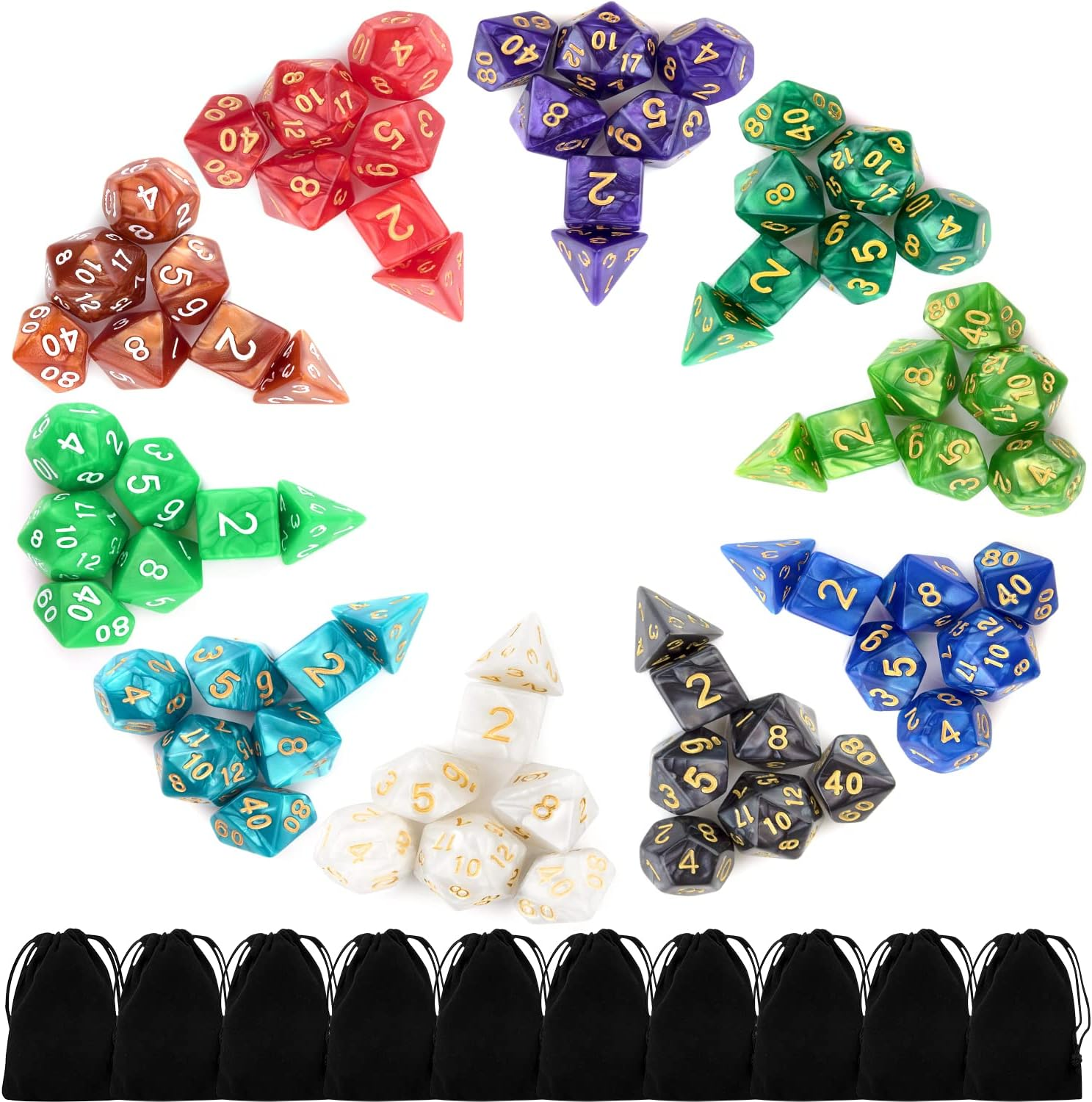 10 X 7 Polyhedral Dice Set (70 Pieces) for Dungeons and Dragons DND RPG MTG Table Games D4 D6 D8 D10 D% D12 D20 with 10 Pack Black Bags, 10 Colors