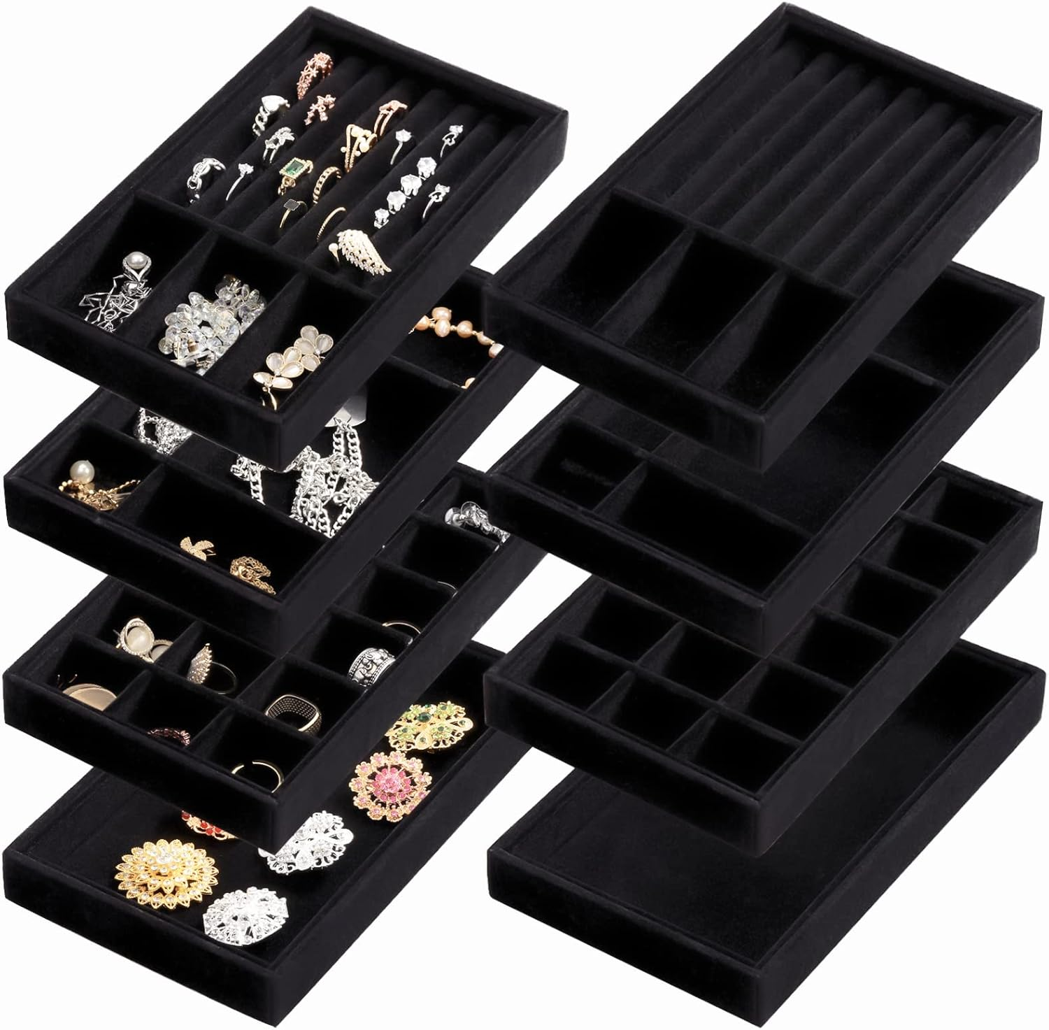 Elsjoy 8 Pack 4 Styles Black Velvet Jewelry Trays, 8