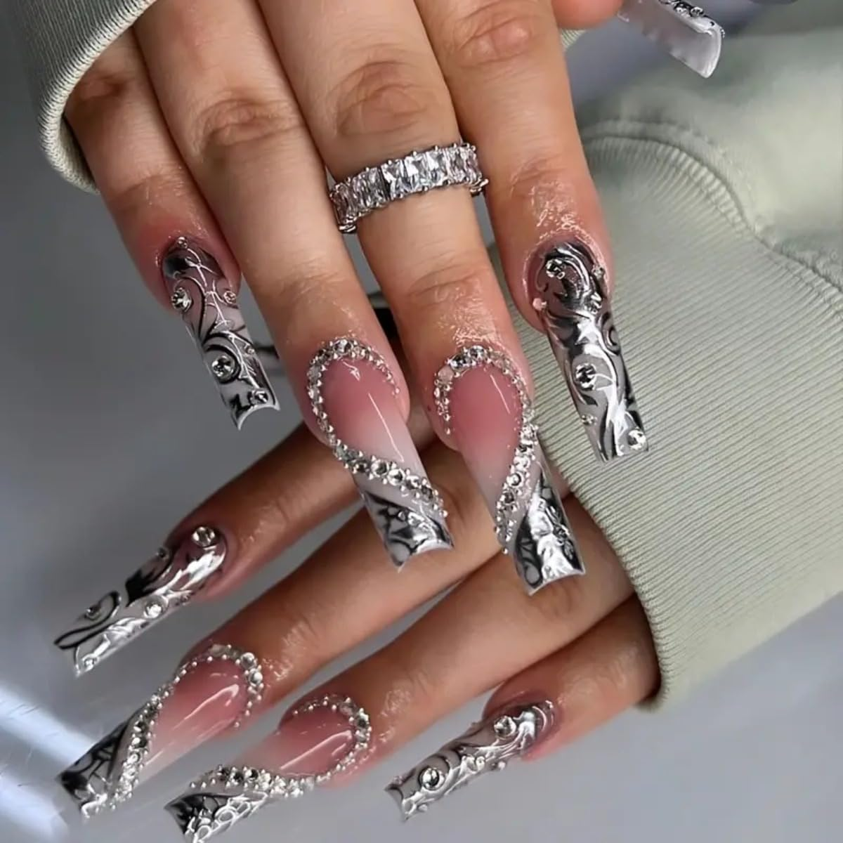 Long Press on Nails Square - Silver French Tip Fake Nails with Heart Design - Rhinestone, Elegant Full Cover Stick on False Nails - for Women 24 Pcs