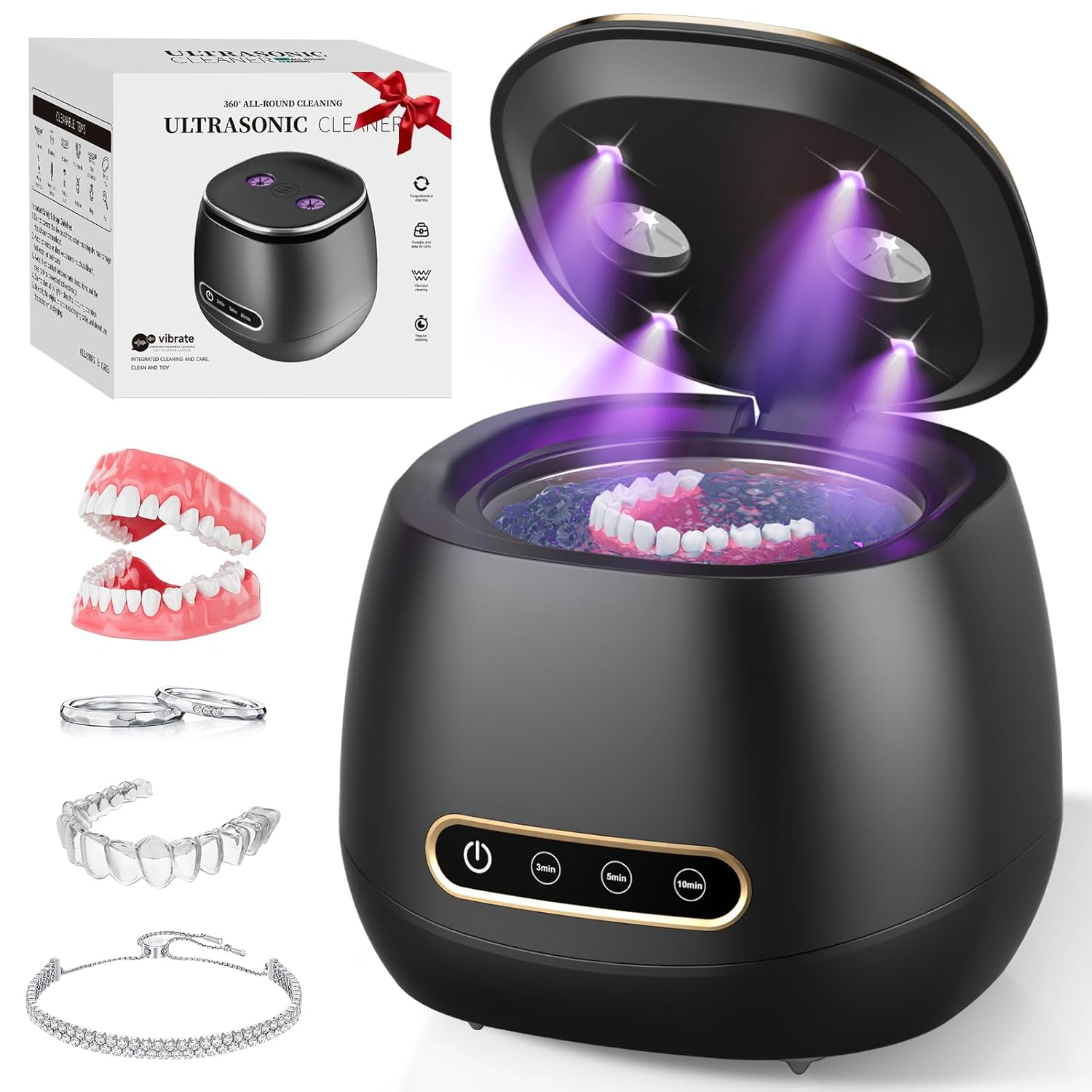Ultrasonic Retainer Cleaner Machine Rechargeable, 45Khz Portable Denture Cleaner for Retainers, Dentures, Night Guards, Aligners, Braces, Jewelry, 3 Cleaning Modes, 200ML Tank, Black
