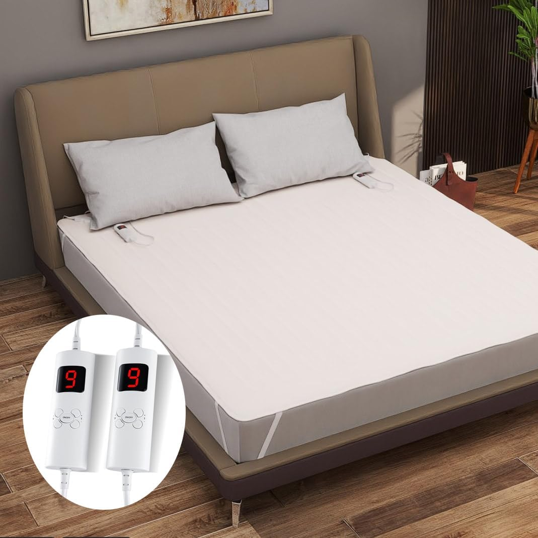 Queen Dual Control Heated Blanket W/9 Heat Setting & 9-Hour Auto Off, Machine Washable Fully Fitted Electric Blanket Pad W/Overheat Protection & Elastic Fixing Bands, 450GSM Non Woven Fabric