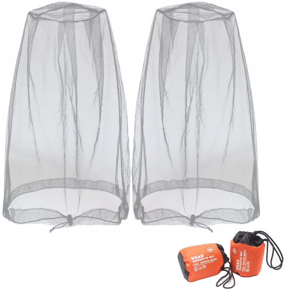 Benvo Mosquito Head Net Mesh, Face Neck Fly Netting Hood from Bugs Gnats Noseeums Screen Net for Any Outdoor Lover- with Carry Bags Fits Most Sizes of Hats Caps (2Pcs, Grey, Updated Big Net)