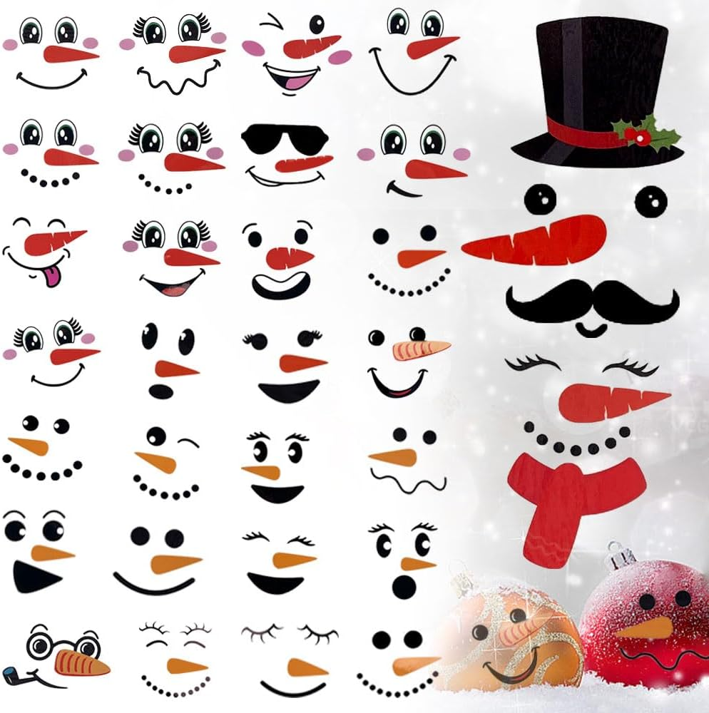 Glyinnhe 60Pcs Christmas Snowman Faces Stickers, Cute Snowman Face Decals Christmas Vinyl Glass Window Sticker for Xmas Art Wall Decor Fridge Wall Door Party Supplies Home Decoration