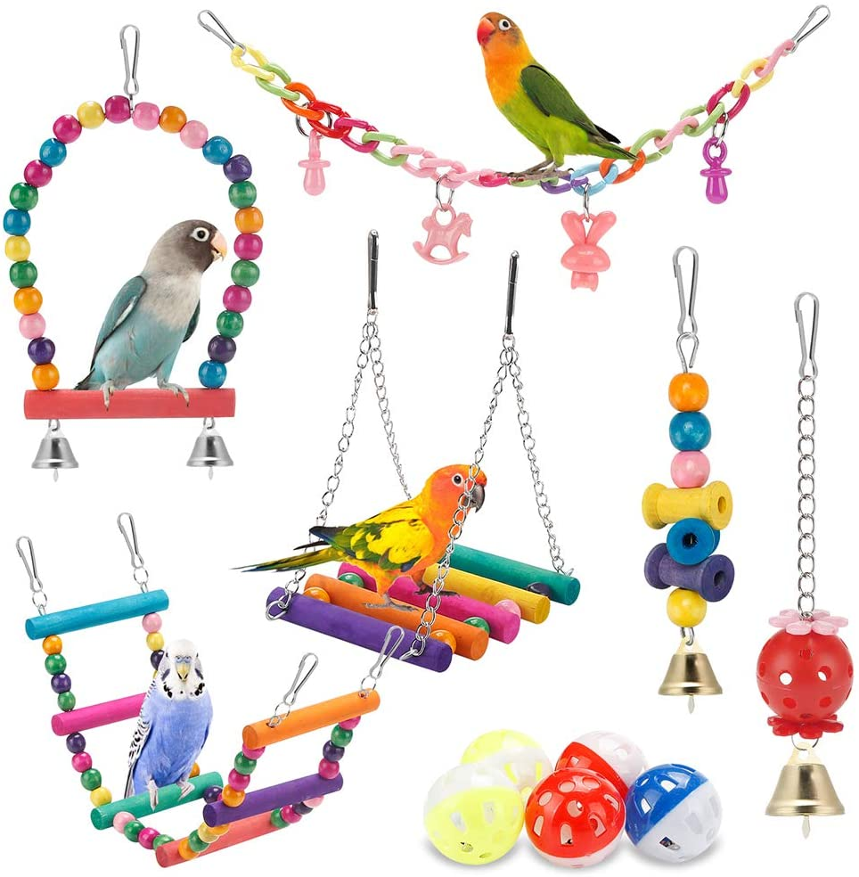 Swing Hanging Standing Chewing Toy Hammock Climbing Ladder, Cage Colorful Toys Suitable for Budgerigar, Parakeet, Conure, Cockatiel, Mynah, Love Birds, Finches