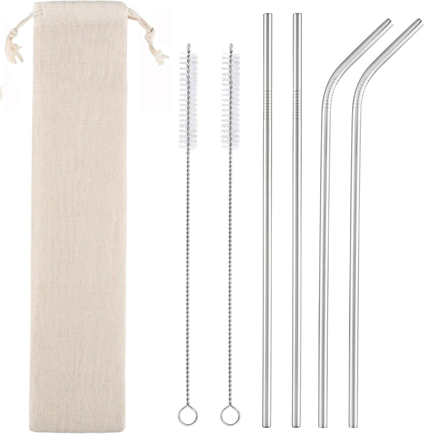 Set of 4 Reusable Metal Straws, Long Stainless Steel Straw with Cleaning Brus...