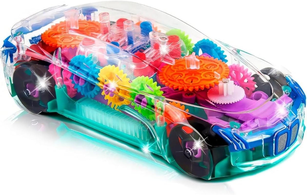 Light up Transparent Sensory Car Toy for Kids, 1PC, Bump and Go Toy Car with Colorful Moving Gears, Music, and LED Effects, Easter Toys for Toddlers, Great Birthday Gift Idea
