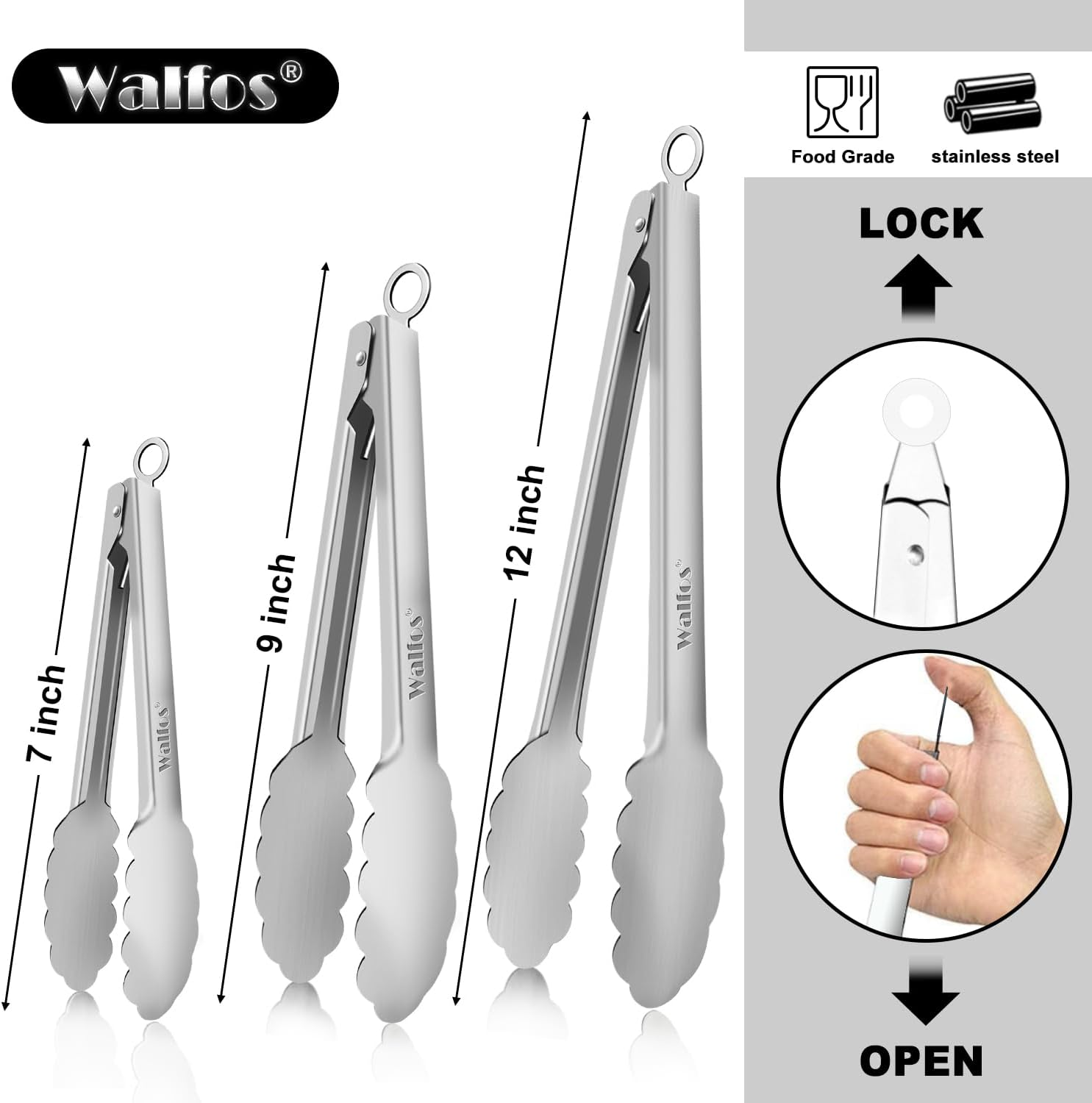 Walfos All Metal Kitchen Tongs for Cooking, BBQ Grilling, 600℉ Heat Resistant... - Picture 10 of 12
