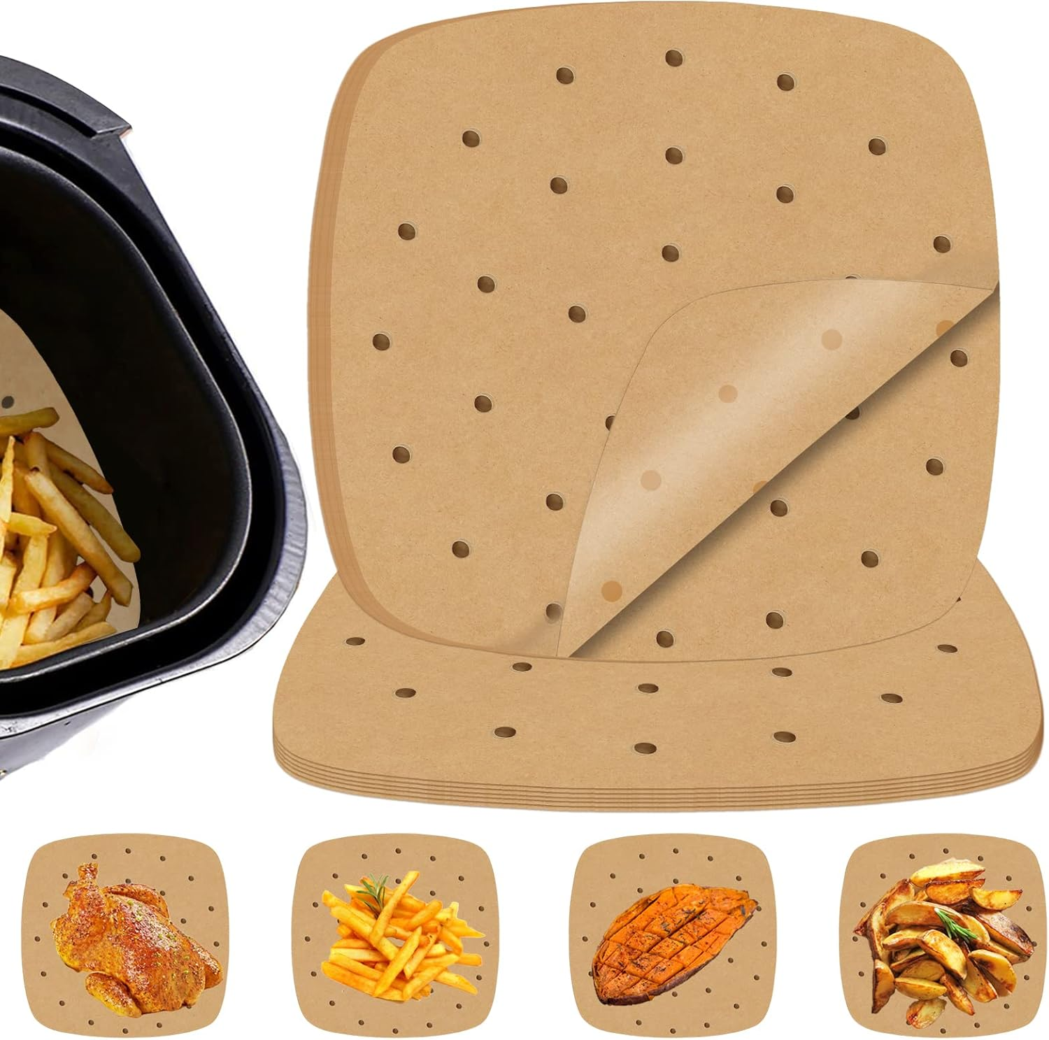 100 Pcs Air Fryer Parchment Paper Liners, 9 Inch Perforated Air Fryer Liners Disposable, Square Parchment Paper for Air Fryer, Non-Stick Steamer Liners for Oven, Microwave, Steaming Basket