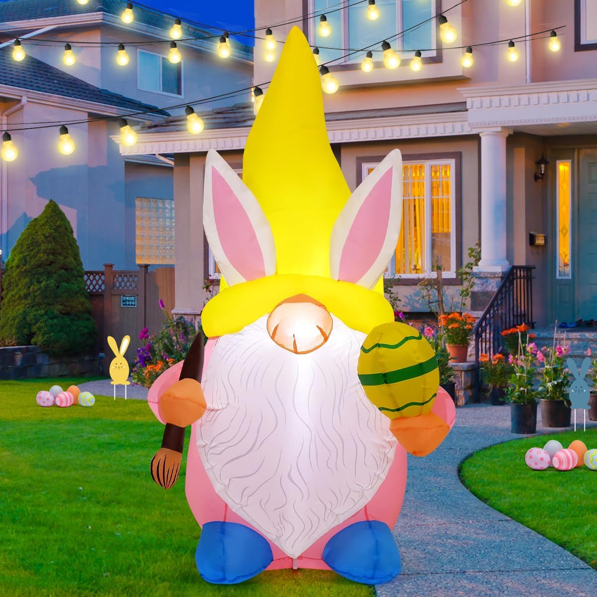 5 FT Easter Inflatables Gnome Outdoor Decorations Blow up Yard Cute Gnome Wearing Bunny Hat Holding Eggs and Paintbrush Built-In Leds Garden Lawn Indoor Decor