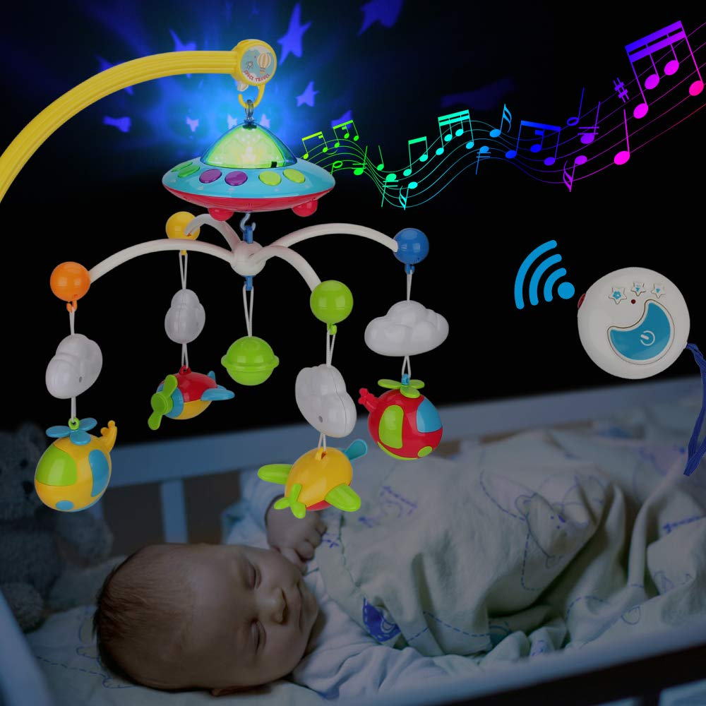 Movil musical para cuna bebe con juguetes giratorios colgantes y control remoto