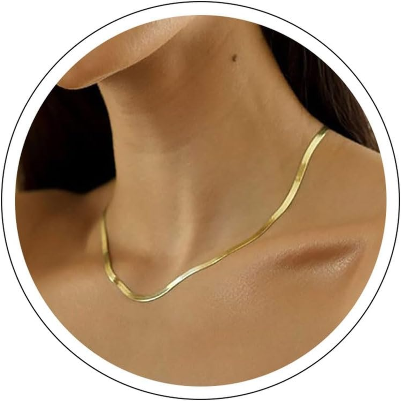 14K Gold Plated Necklaces for Women, Dainty Gold Herringbone Choker Necklace Thin Layered Snake Chain Jewelry for Gifts
