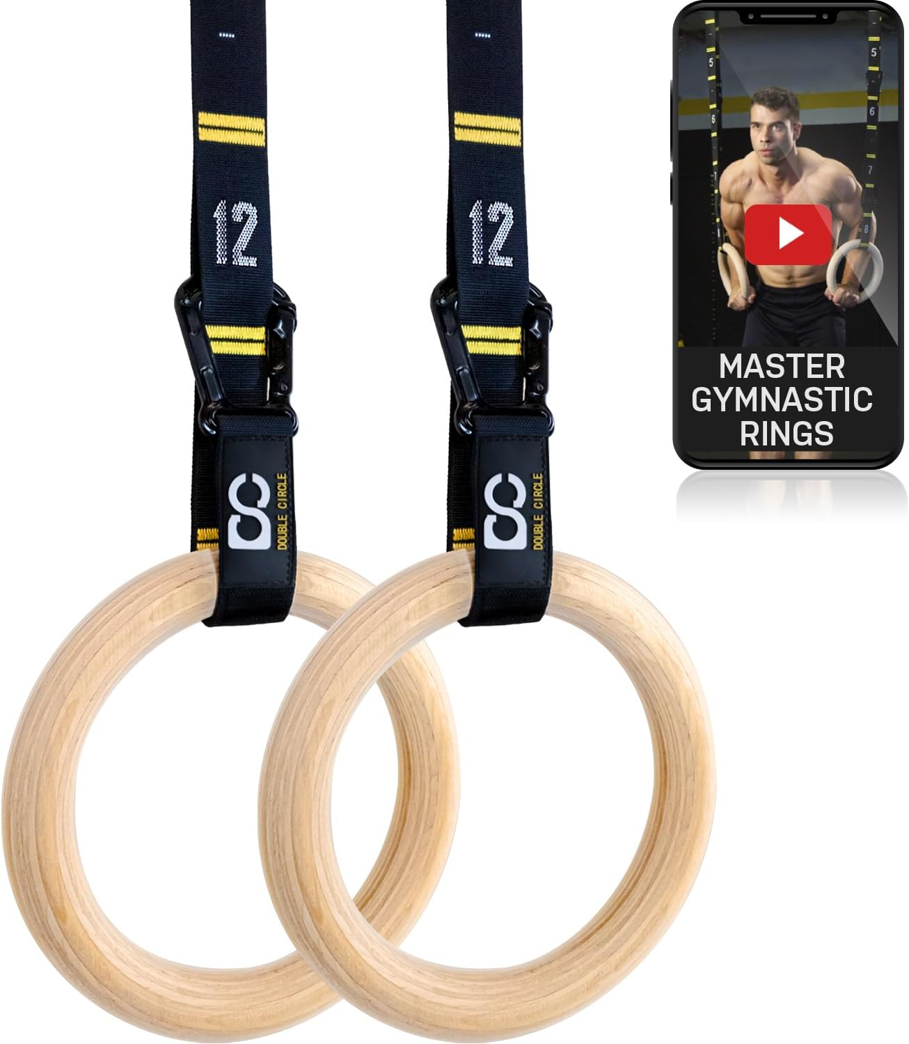 Wood Gymnastic Rings with Quick Adjust Numbered Straps and Exercise Videos Guide, Full Body Workout, Calisthenics, Home Gym (Multi-Size)