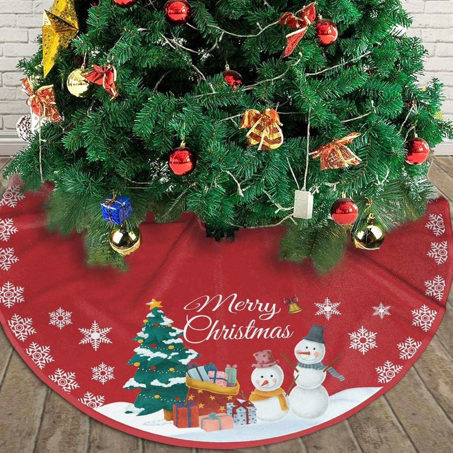 Red Christmas Tree Skirt 36 Inch, Rustic Xmas Tree Skirt Mat with Snowflake, Snowman Tree Skirts for Artificial Trees Xmas Decorations for Home
