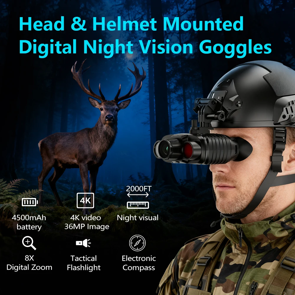 Head&Helmet Mount 4500mAh Rechargeable Night Vision Goggles Full Color Night Vision Binoculars With Built-in One-click Compass