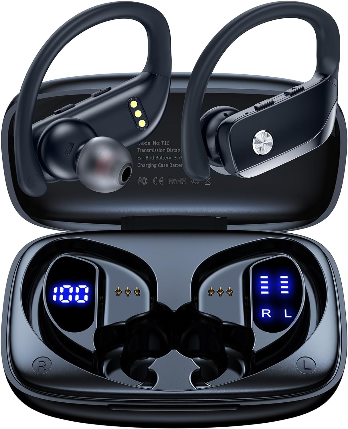 Bmanl Wireless Earbuds Bluetooth Headphones 48Hrs Play Back Sport Earphones with LED Display Over-Ear Buds with Earhooks Built-In Mic Headset for Workout Black