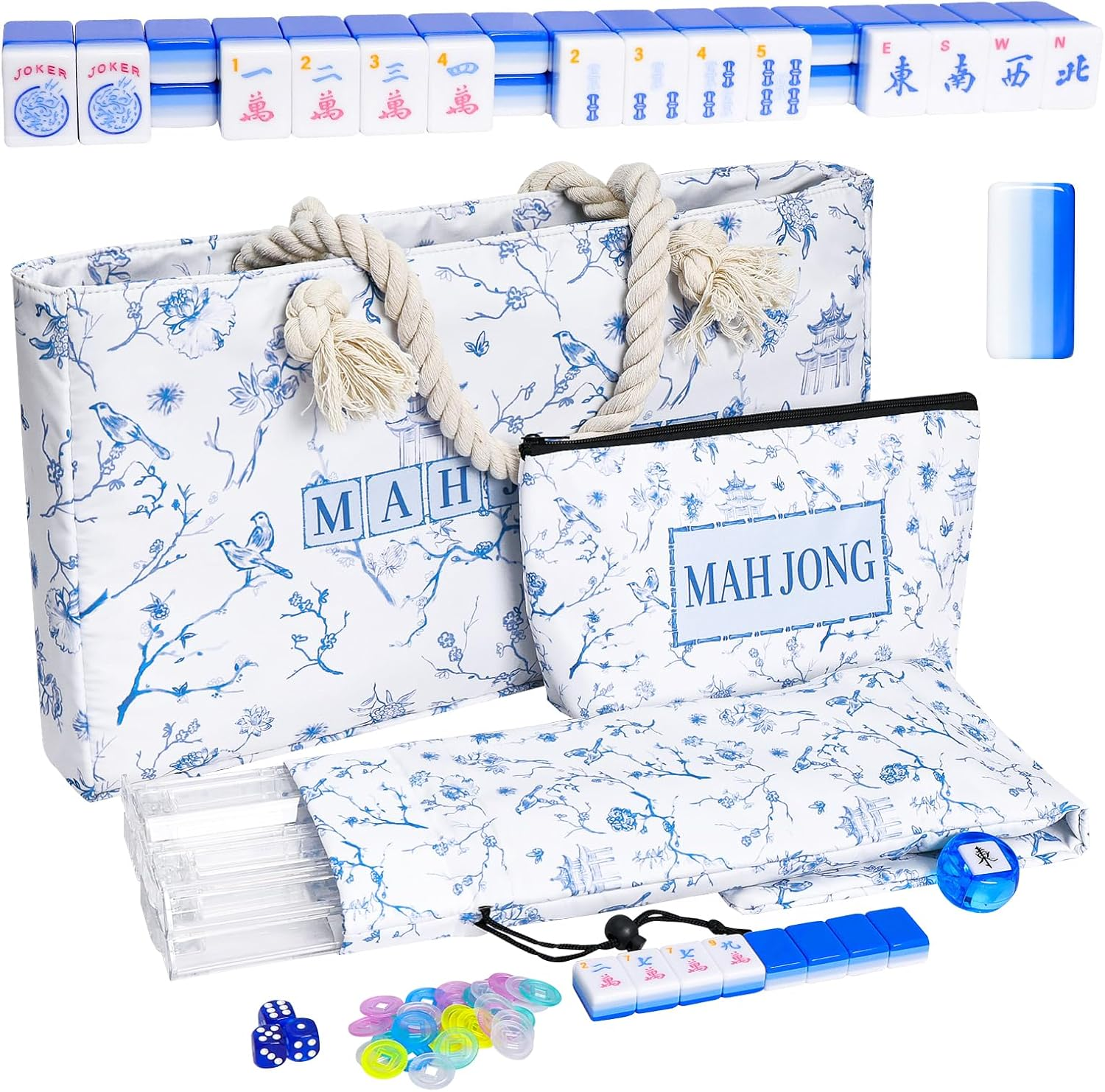 4 Layer Engraved American Mahjong Tile Set, 166 Acrylic Mahjong Tiles with White Bags, Racks and Pushers, Accessories