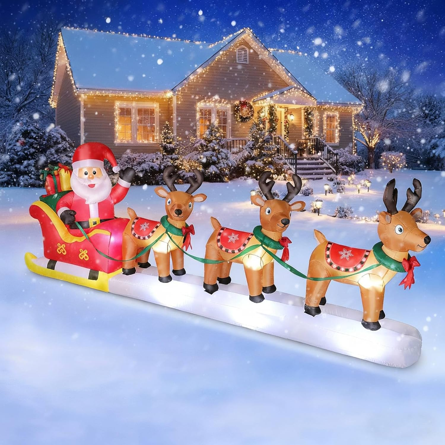 12 FT Long Christmas Inflatables Santa Claus with Reindeers Outdoor Decorations, Xmas Blow up Yard Decorations with Built-In LED Lights, Reindeers Pull Sleigh for Xmas Party Decor Yard Garden Lawn