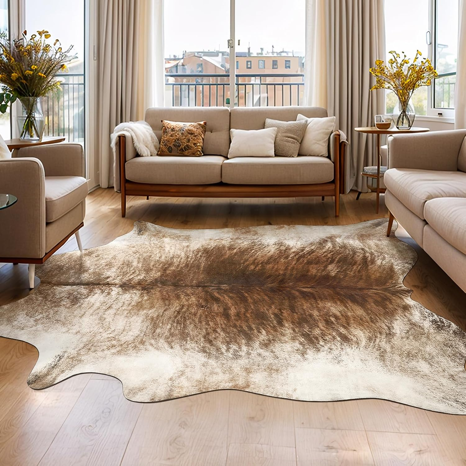Western Decor Faux Fur Cowhide Rug, 4.6 X 5.2 Feet Premium Animal Skin Cow Hide Rug, Sturdy Cow Print Rugs for Wall Decor, Western Floor Carpet for Bedroom Living Room, Brownish
