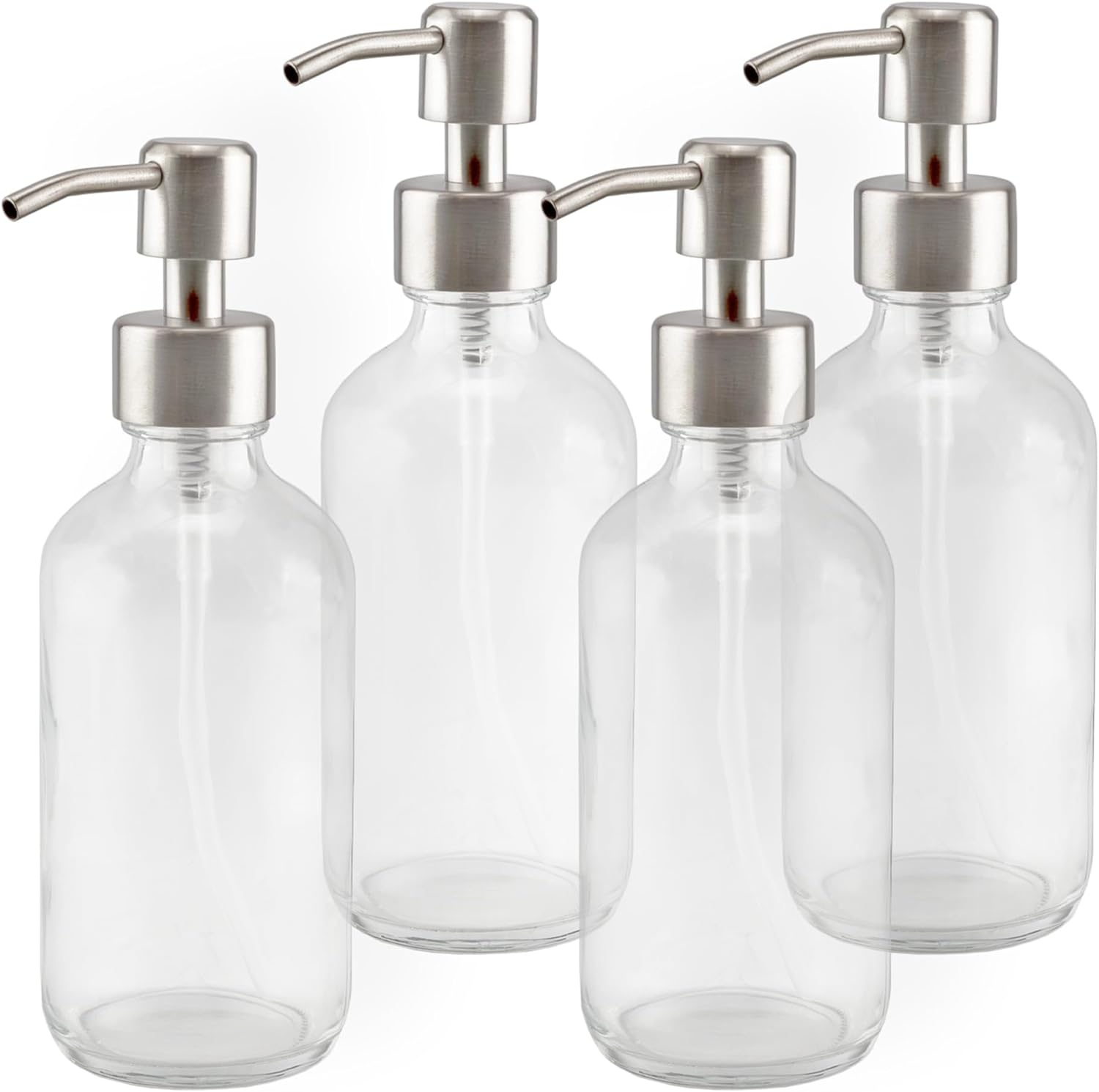 8Oz Clear Glass Bottles W/ Stainless Steel Pumps 4Pk; Soap/Lotion Dispensers