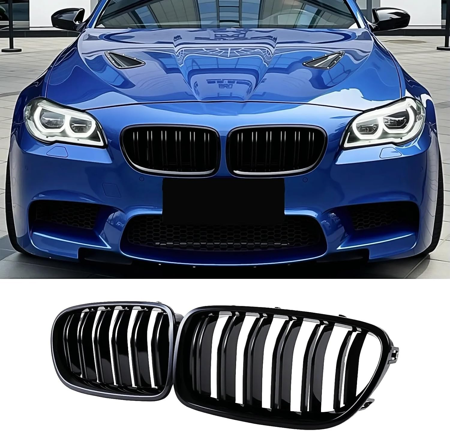 Grille Front Kidney Grill for BMW 5 Series F10 F11 M5 2010-2017 | ABS Double Slats Gloss Black Grills 2Pcs Color Grill Direct Snap-On Replacement, Sporty Style Upgrade