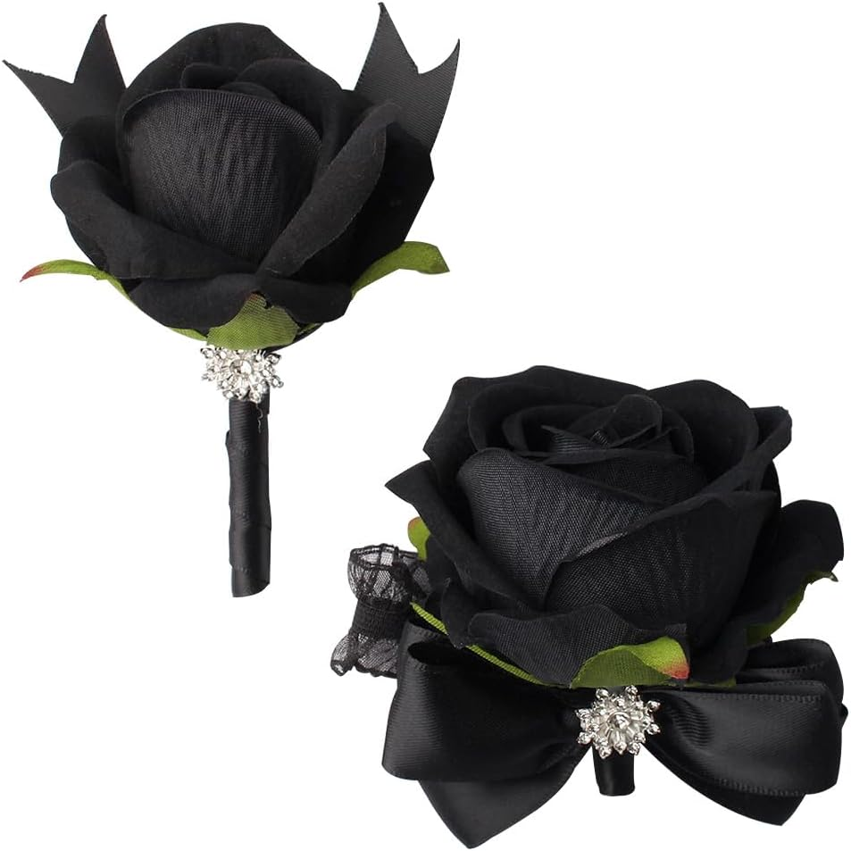 Black Rose Wrist Corsage and Boutonniere Set for Weddings and Events