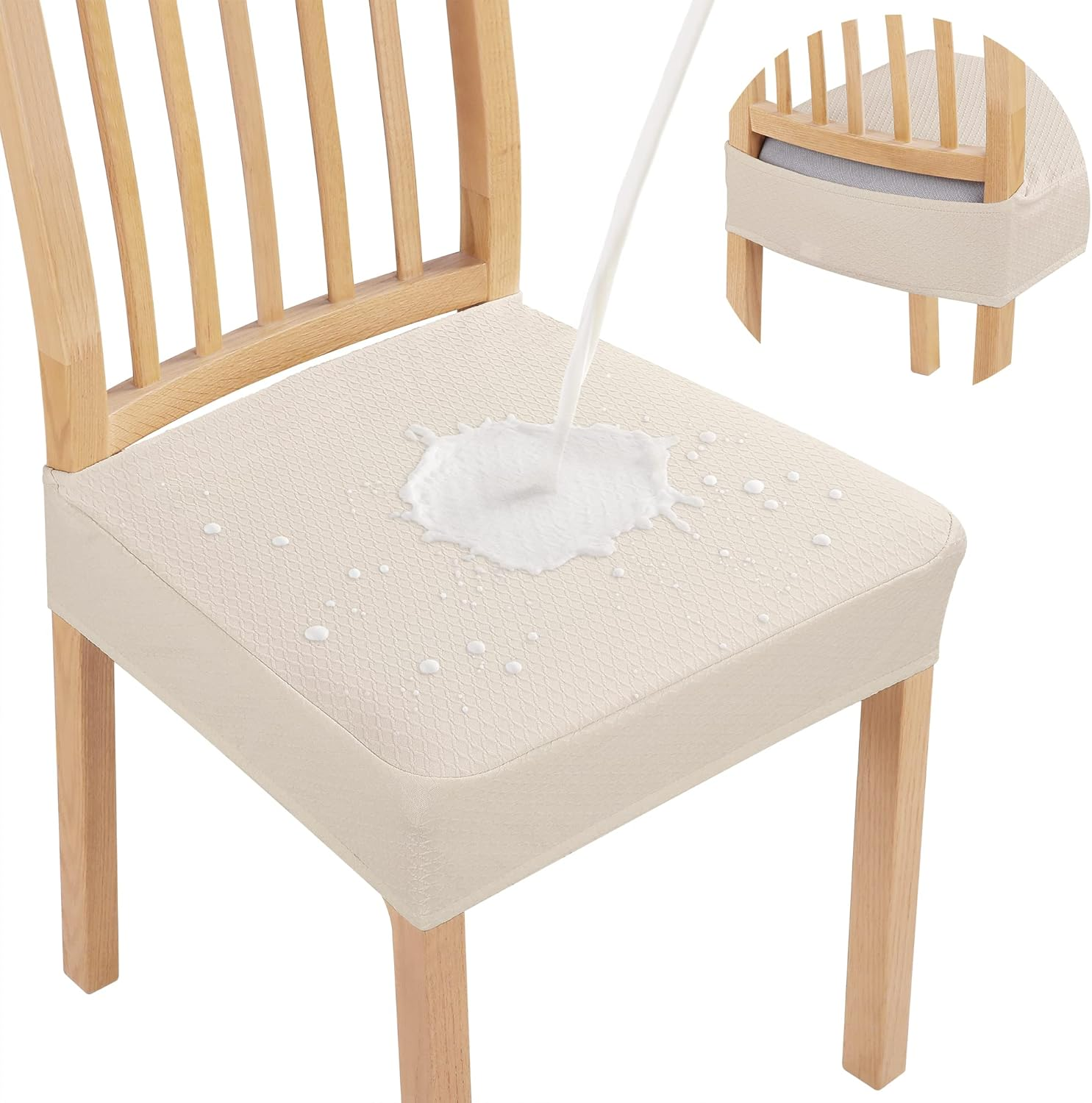 Waterproof Seat Covers for Dining Room Chairs Set of 4, Stretch Jacquard Removable Washable Chair Seat Slipcovers Protector, No Rear Covers, Beige