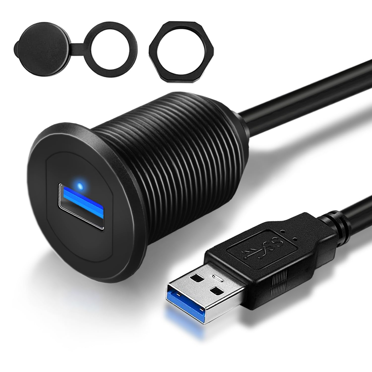 GOBGOD USB 3.0 Car Mount Flush Cable with LED Indicator Single Port, USB3.0 Male to Female Extension for Car Truck Boat Motorcycle Dashboard Panel 3Ft