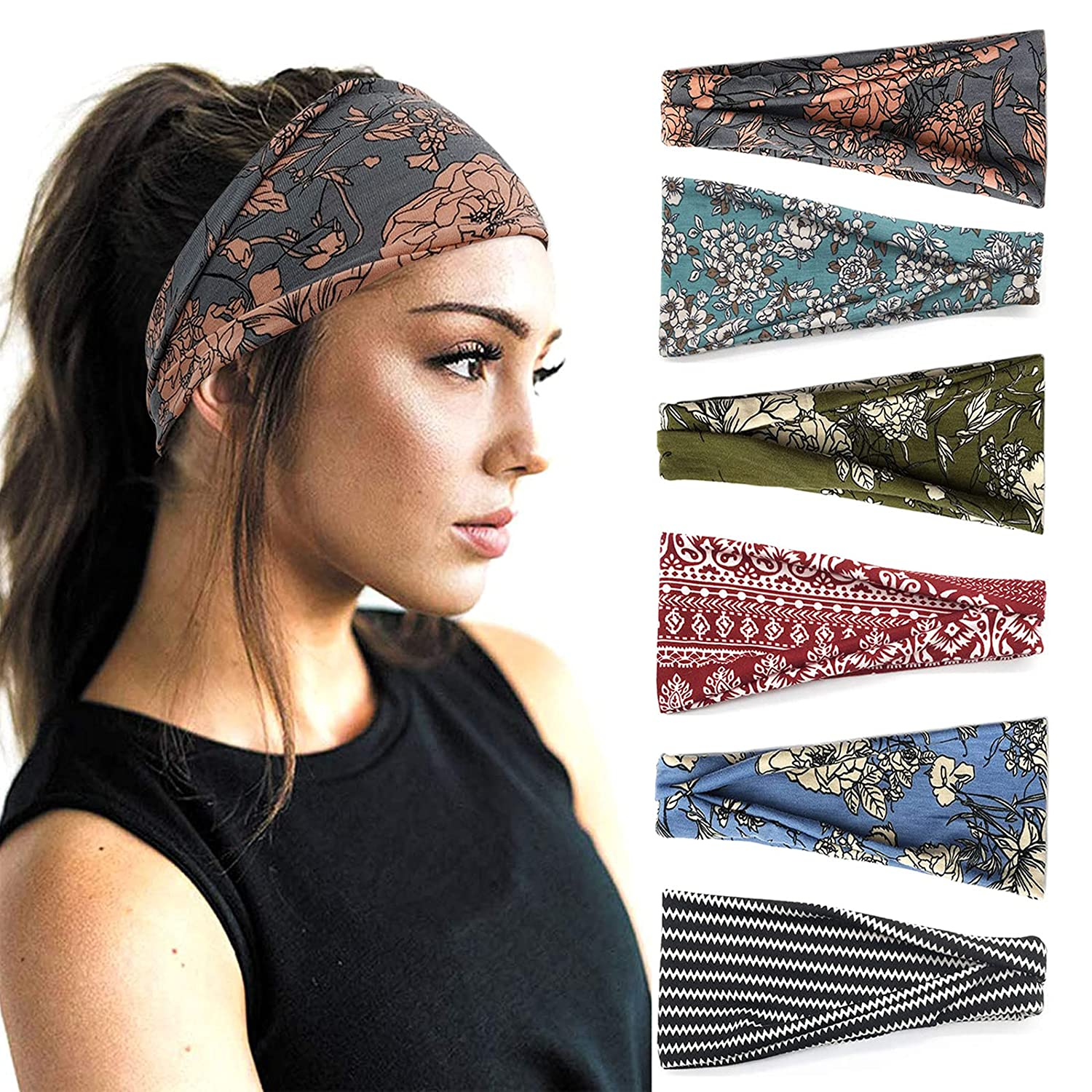 6 Pack Boho Flower Headbands Stretchy Wide Non Slip Yoga  display picture 2