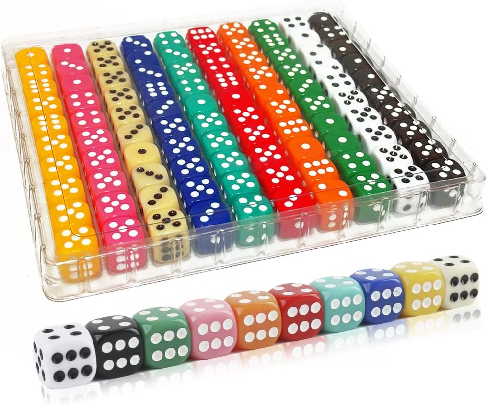 100 Pieces 16MM Dice Set, 6 Sided Colored Dices with Portable Plastic Box | High Quality Opaque 10 Colors Games Dice for Board Games, Parties, Classroom Math Bulk Dice