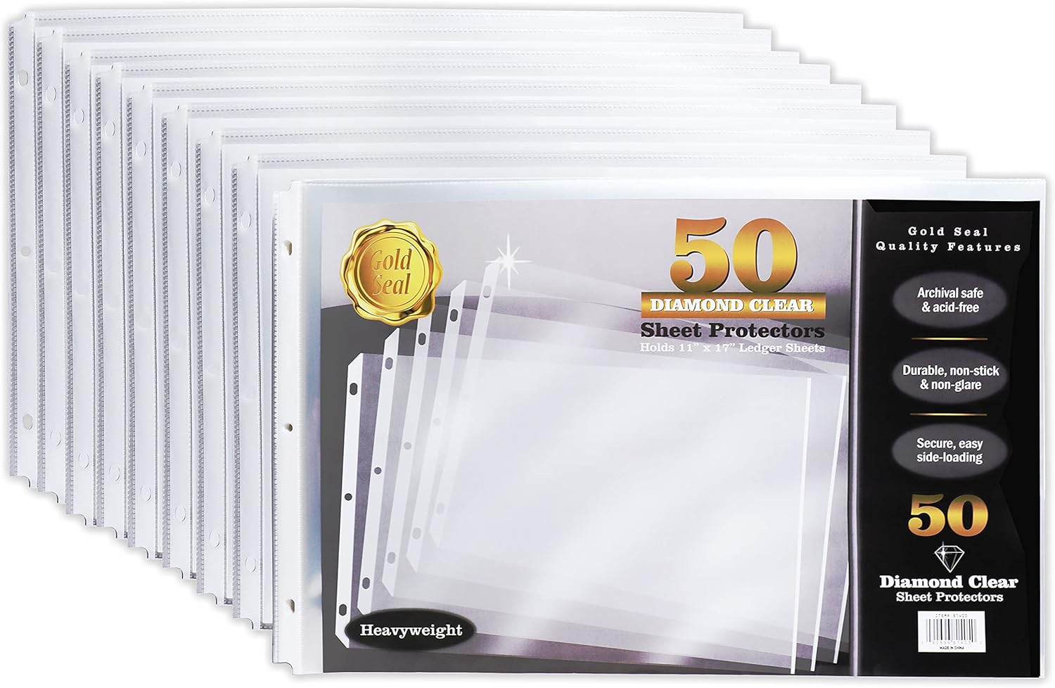 50 Pack 11X17 Inch Heavyweight Diamond Clear Sheet Protectors, Side Loading, Ledger Sheet Protectors,3-Hole Punched