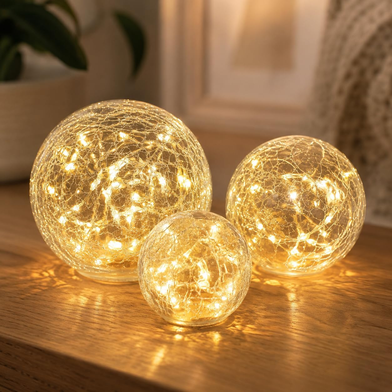 Glass Ball Lights Set, 3-Pack Crackled Glass Ball LED Fairy Lights with Timer & 8 Modes, Warm Yellow LED Indoor Lights for Bedroom, Home Décor, Party, Christmas, Garden