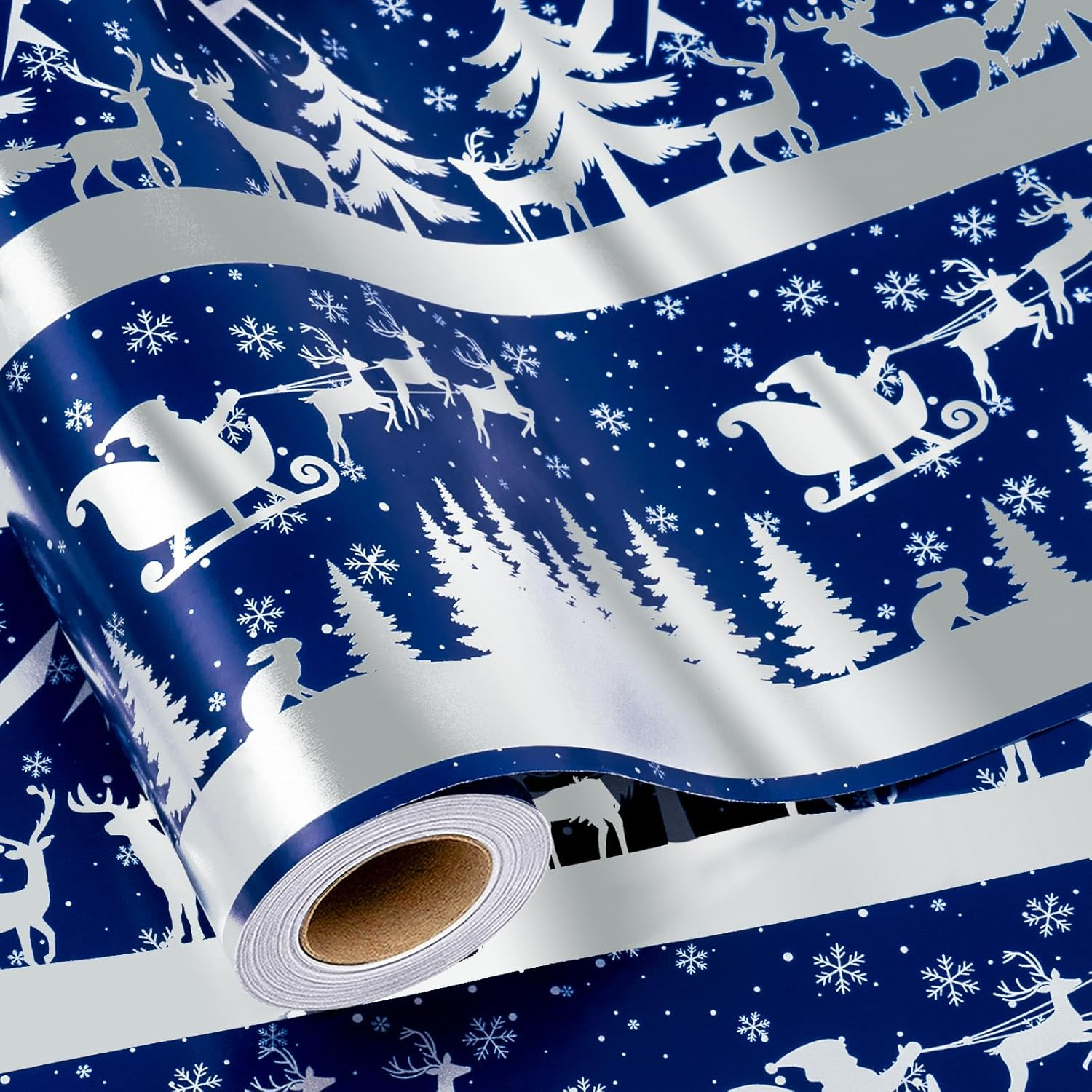 Christmas Wrapping Paper Roll 17 Inch X 33 Feet Deep Blue - Deer Forest Scene