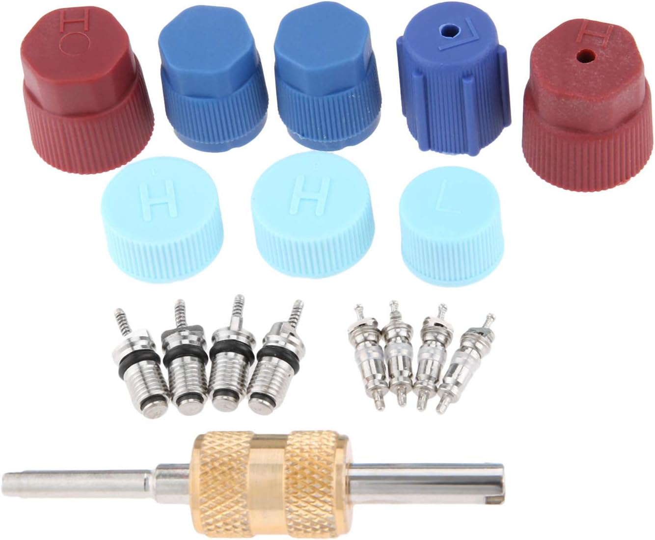 17PCS Air Conditioning Valve Core Kit Schrader Valve Cores Accessories A/C R12 R134A Refrigeration Valve Stem Core Rmover Tool HVAC System Seal Caps Kit
