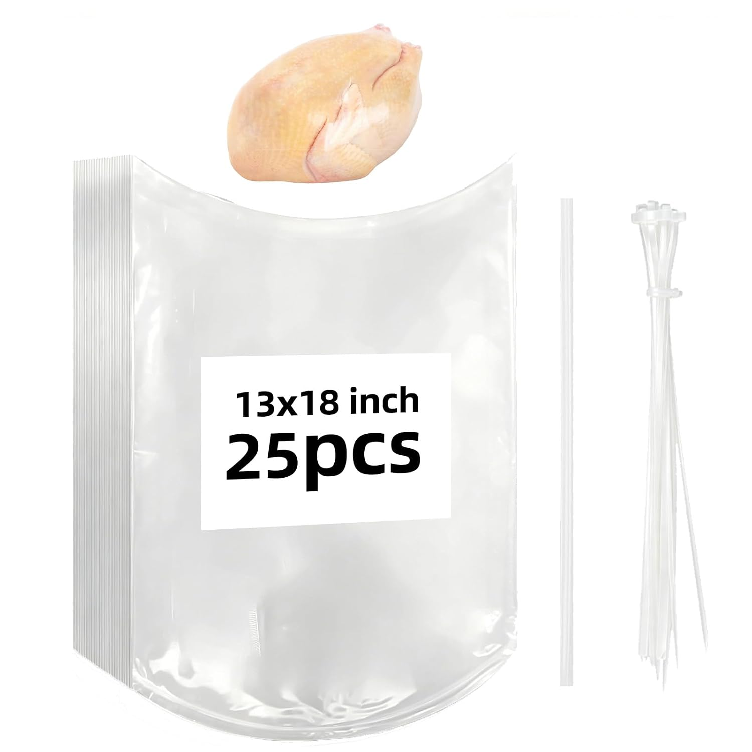 Poultry Shrink Bags, Pack of 25, Heat Shrink Wrap Bags, 13"X 18" Clear Poultry Shrink Wrap Freezer BPA Free Food Safe Storage Bags for Chicken, Rabbit and More, 25 Zip Ties and Silicone Straw