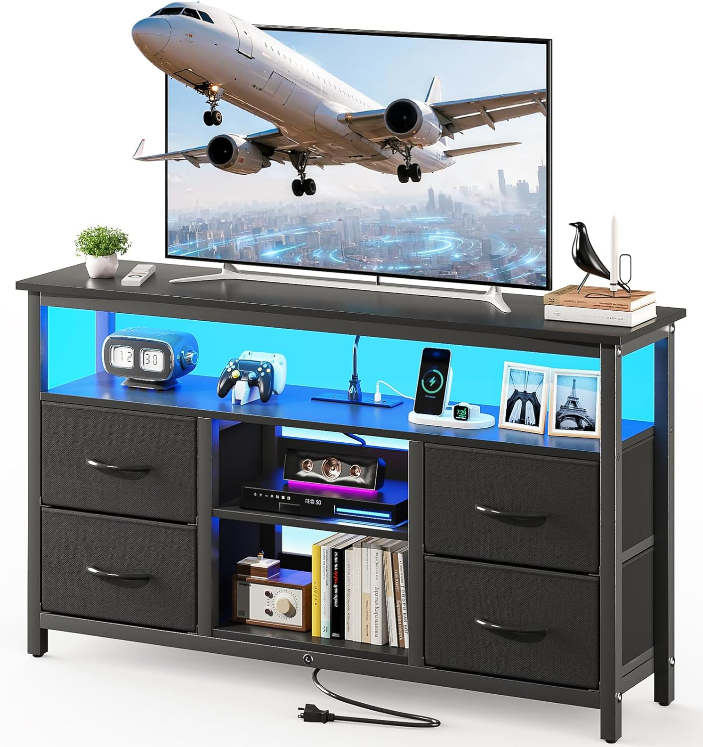 Black TV Stand with LED Lights and Power Outlets Entertainment Center for 55 In