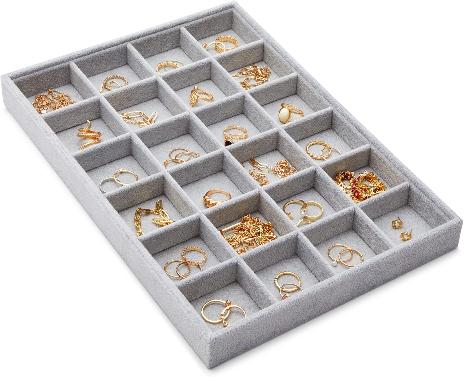 Velvet Stackable Jewelry Organizer Tray for Necklaces, Rings, Bracelets, Display for Pendants, Earring Storage (Gray, 24 Grids, 14X10 In)