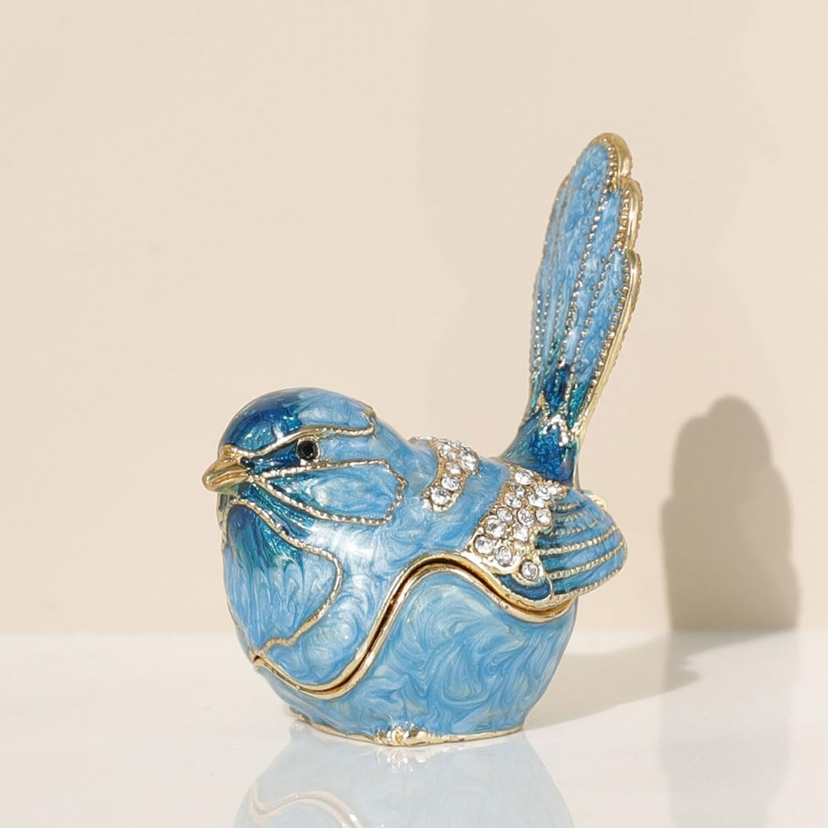 Exquisite Hand - Painted Enamel Blue Bird Trinket Box Hinged Rhinestone - Adorned Mini Jewelry Organizer for Rings & Necklaces, Ideal Classical Home Decor & Collectible Keepsake (Trinket Box-B)