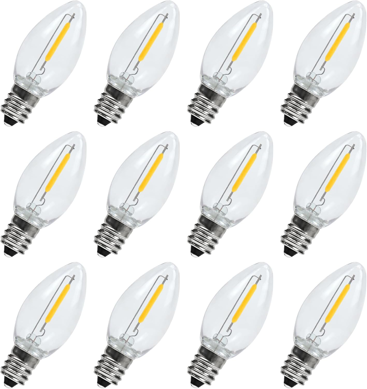 C7 LED Night Light Bulbs, 0.6Watt Equivalent to 7W, E12 Candelabra Small Base, Edison LED Light Bulbs, 2700K Warm White, Clear Plastic, Outdoor String Lights, 12 Pack, Non-Dimmable