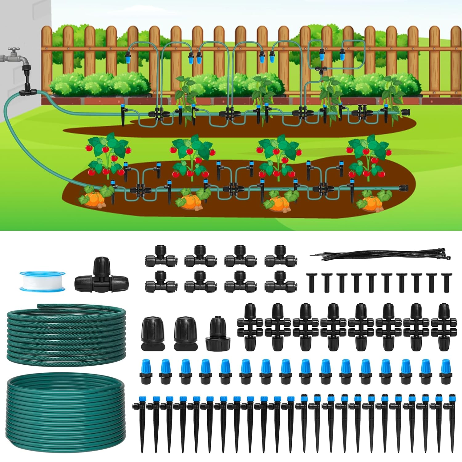 230FT Drip Irrigation System, Quick-Connect Automatic Garden Watering Misting System for Greenhouse, Yard, Lawn with 1/2 Inch Hose, 1/4 Inch Distribution Tubing, Drip Emitters, Connectors