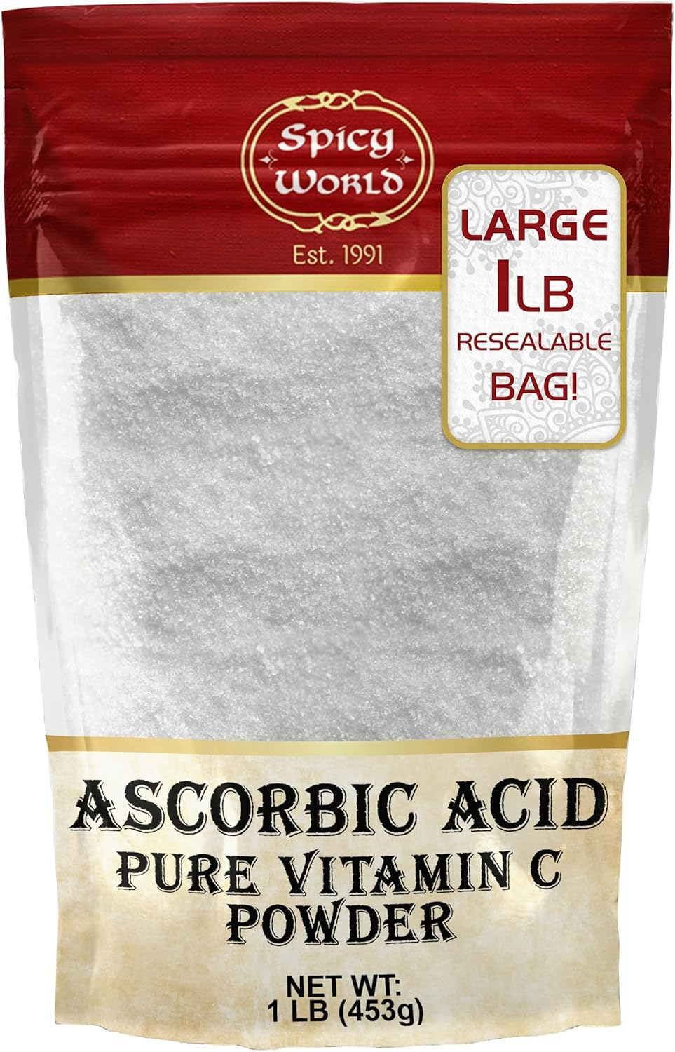 Spicy World Ascorbic Acid 1 LB Bulk Bag - Pure Vitamin C Powder - 100% Pure, Food Grade, Can Be Used for Canning, Fruit, Pools - USP Grade