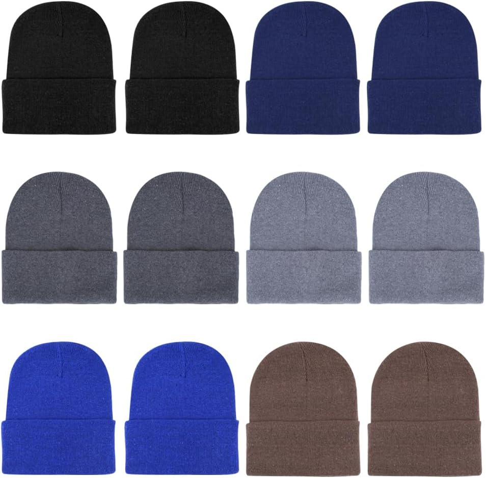 12-Pack Knitted Winter Beanie Hats for Men and Women, Warm and Cozy Cuffed Skull Caps, Bulk Purchase
